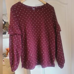 Polka Dot Ruffle Sleeve Top - Burgundy